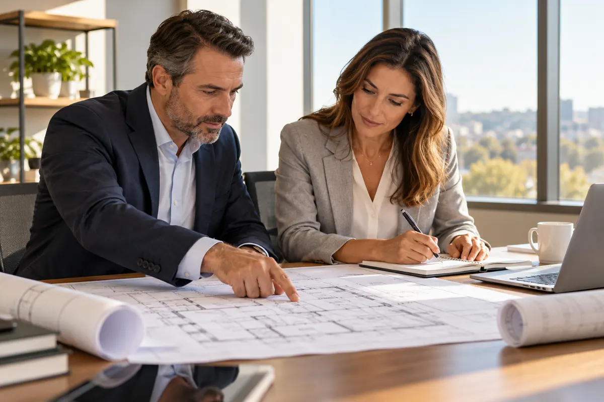 Commercial insurance professionals reviewing a project; illustrative AI-generated scene.
