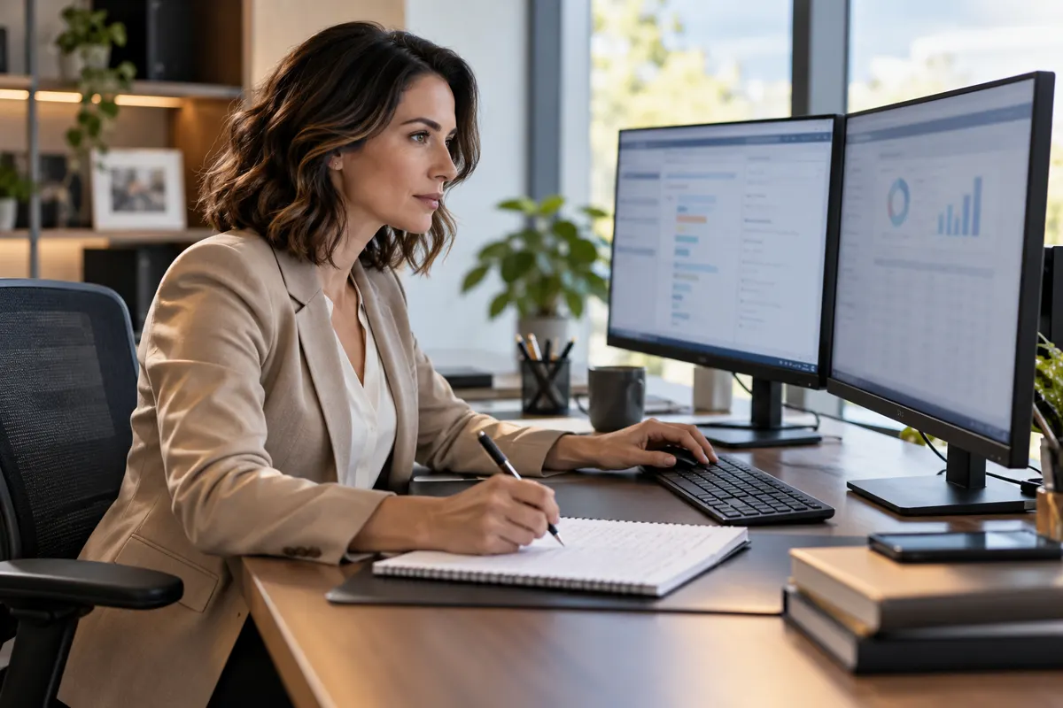 Agent working with two office monitors; illustrative AI-generated scene.