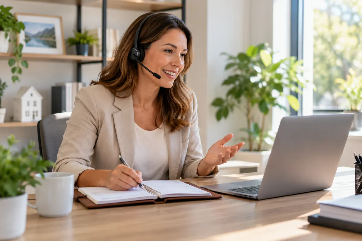 Insurance professional answering a call beside an appointment planner; illustrative AI-generated scene.