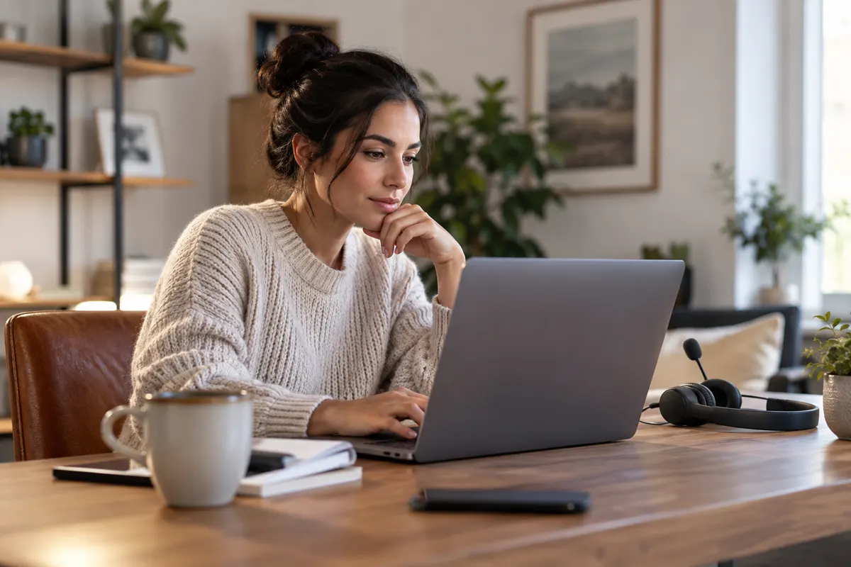 Remote assistant working at a laptop; illustrative AI-generated scene.