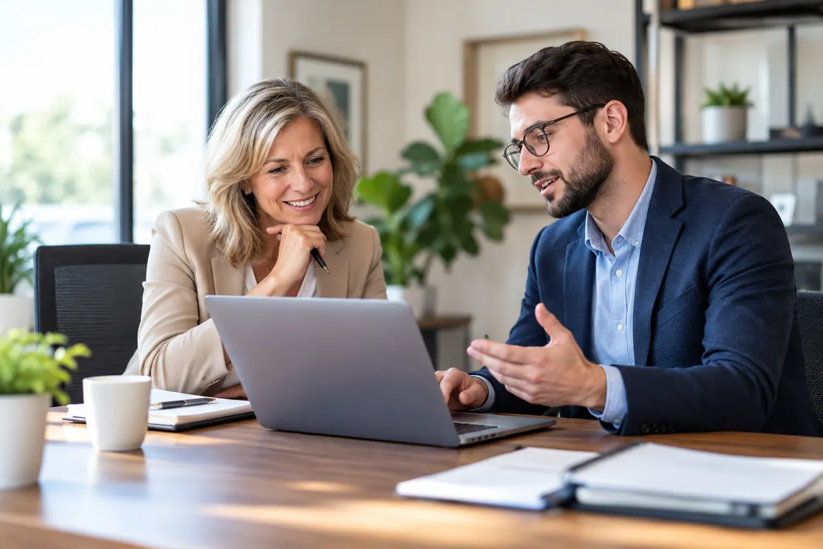 Agency owner and consultant reviewing an implementation plan; illustrative AI-generated scene.