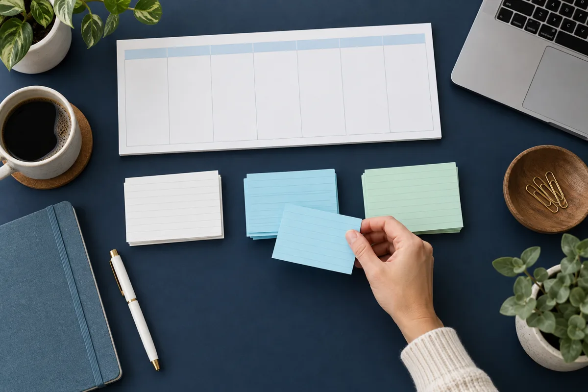 Weekly planner and task cards on a desk; illustrative AI-generated planning scene