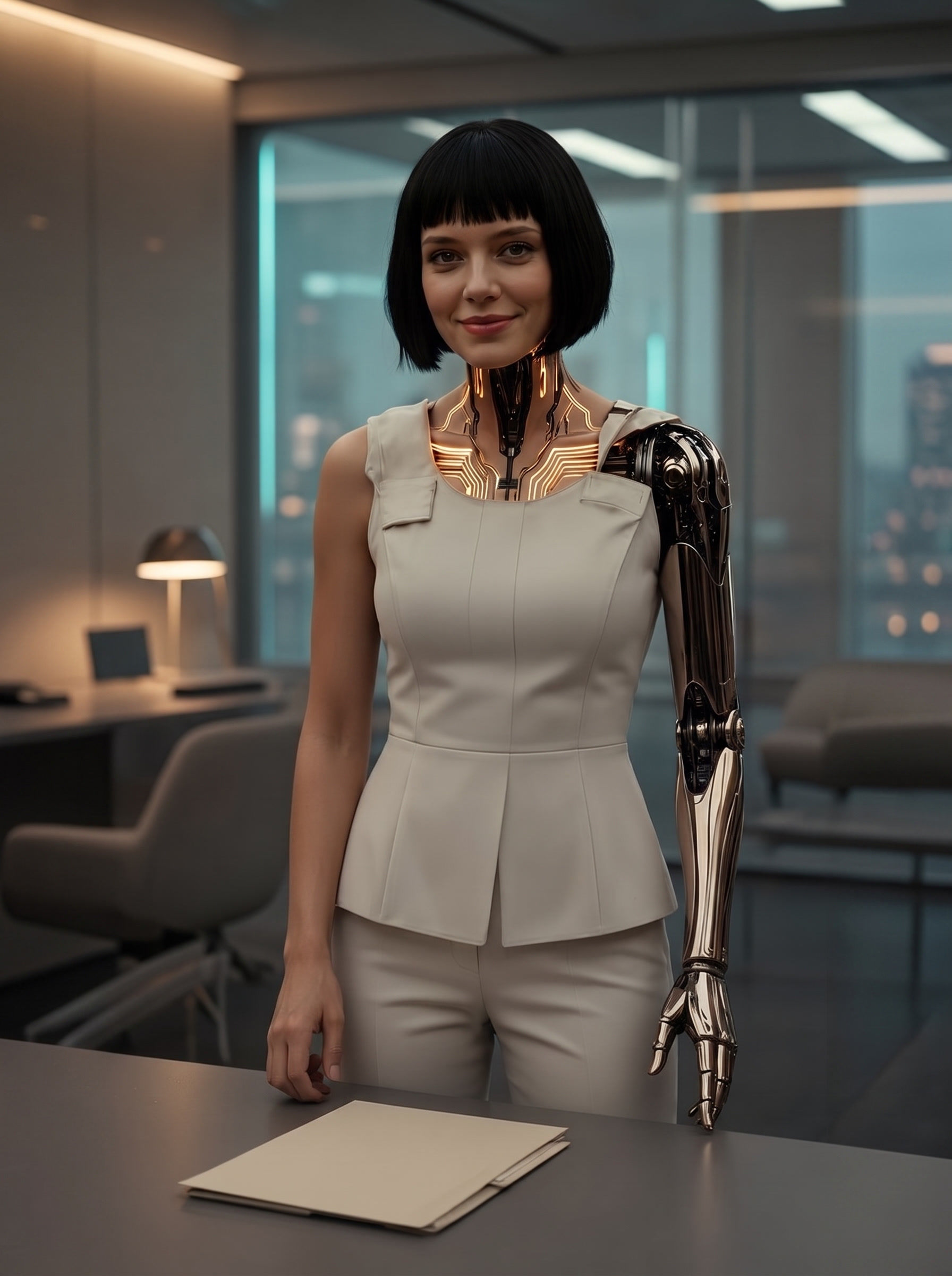 Aria, Mach 5's AI teammate, working at a laptop. She has a human face, a robotic arm, and visible cyan circuitry.